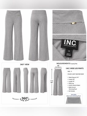 Like New - INC Light Heather Gray Wide-Leg Pull-On Pants Size 12